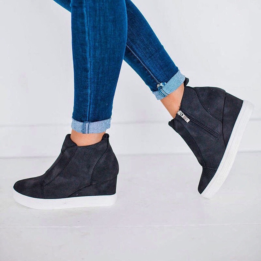 Black | Faux Suede Wedge Sneaker - Picture 4 of 5